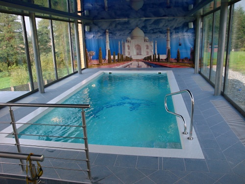 Interiérový bazén vyložený skleněnou mozaikou La Futura s filtrační cirkulací vody Classic pomocí skimmerů. Osvětlený 2x 300W reflektory. A napínaným stropem, jenž je doplněn hvězdnou oblohou s optických vláken